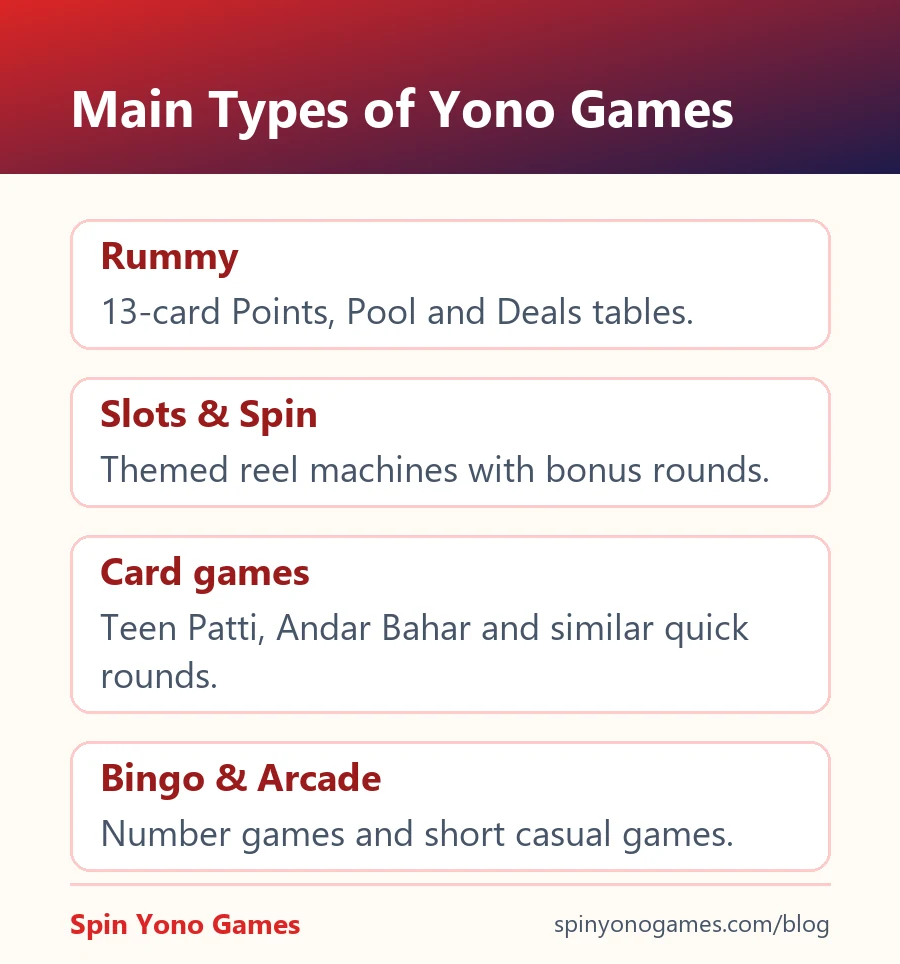 Main types of Yono games: rummy, slots and spin, card games, bingo and arcade