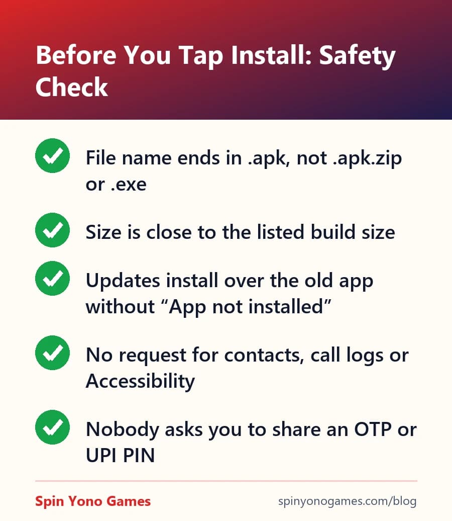 Yes Spin APK safety checklist before installing